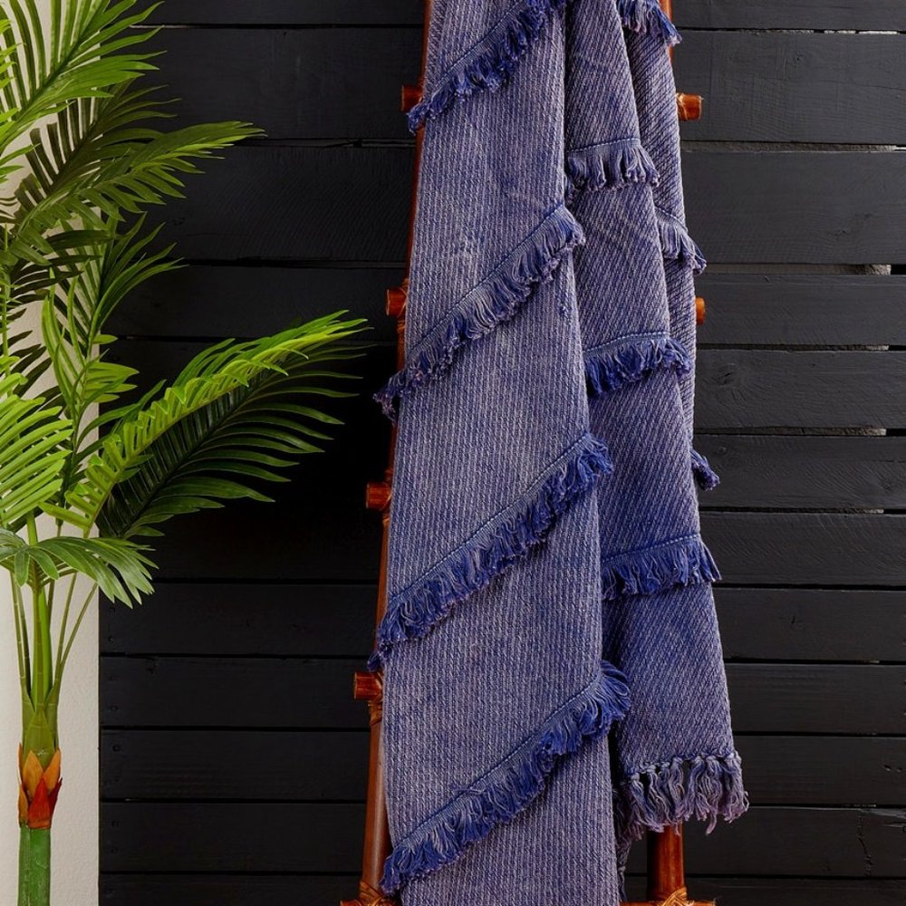 Saro Sevan 100% Cotton Throw Blanket Blue 50" x 60" Layered Fringe Home Decor